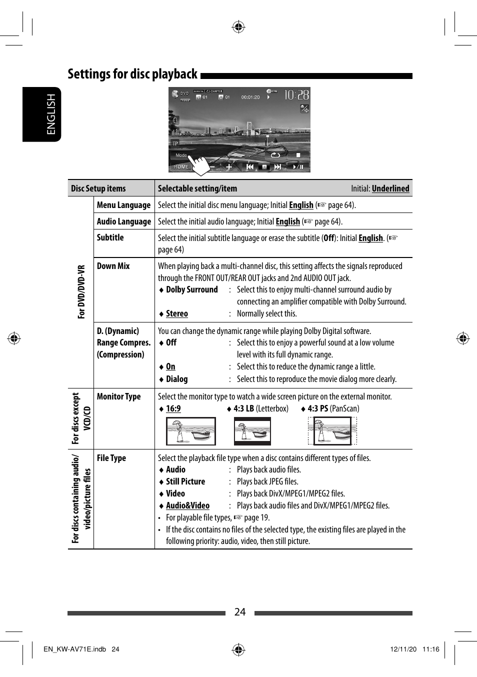 Settings for disc playback | JVC KW-AV71BT User Manual | Page 24 / 285