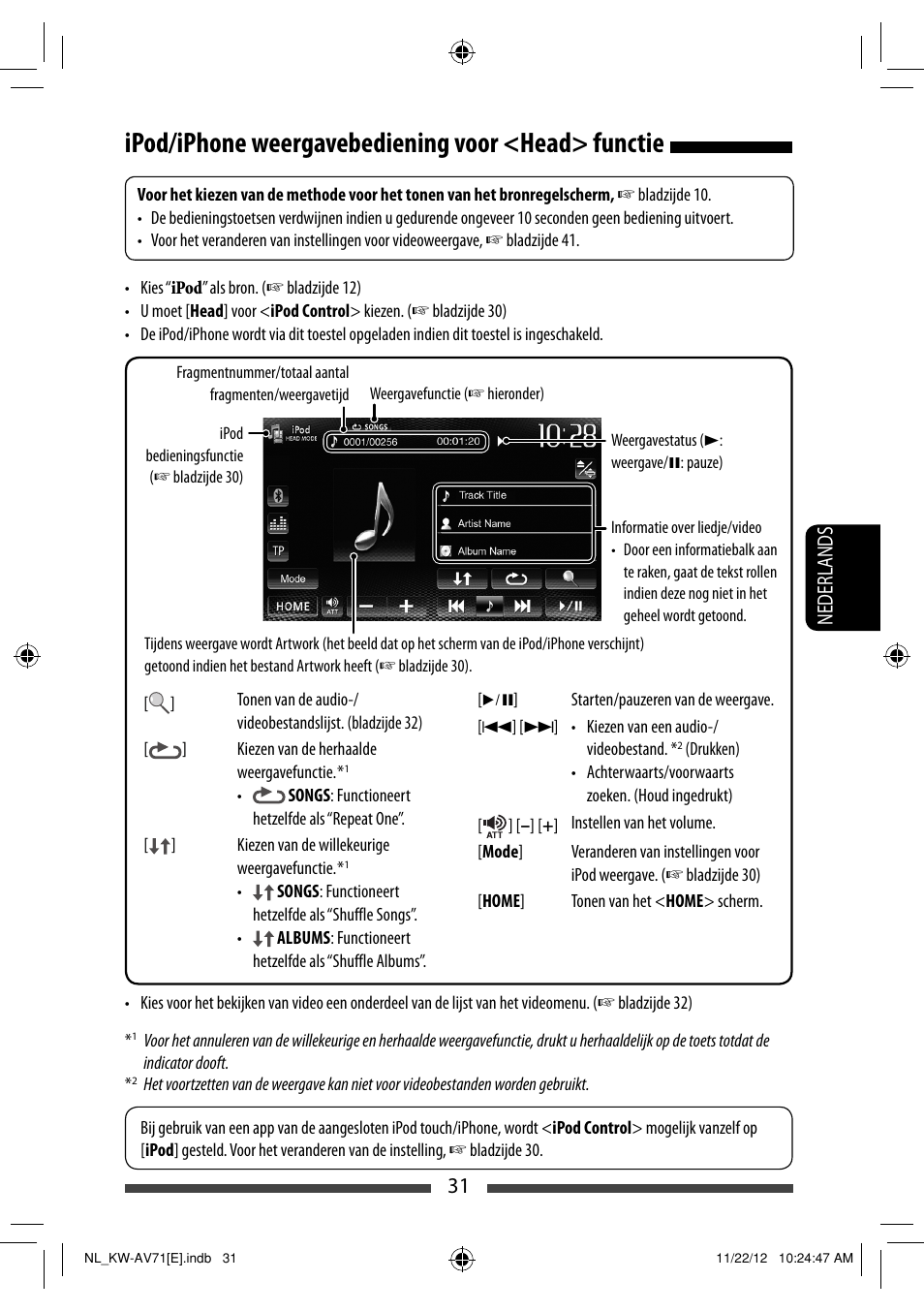 Ipod/iphone weergavebediening voor <head> functie, 31 nederlands | JVC KW-AV71BT User Manual | Page 241 / 285