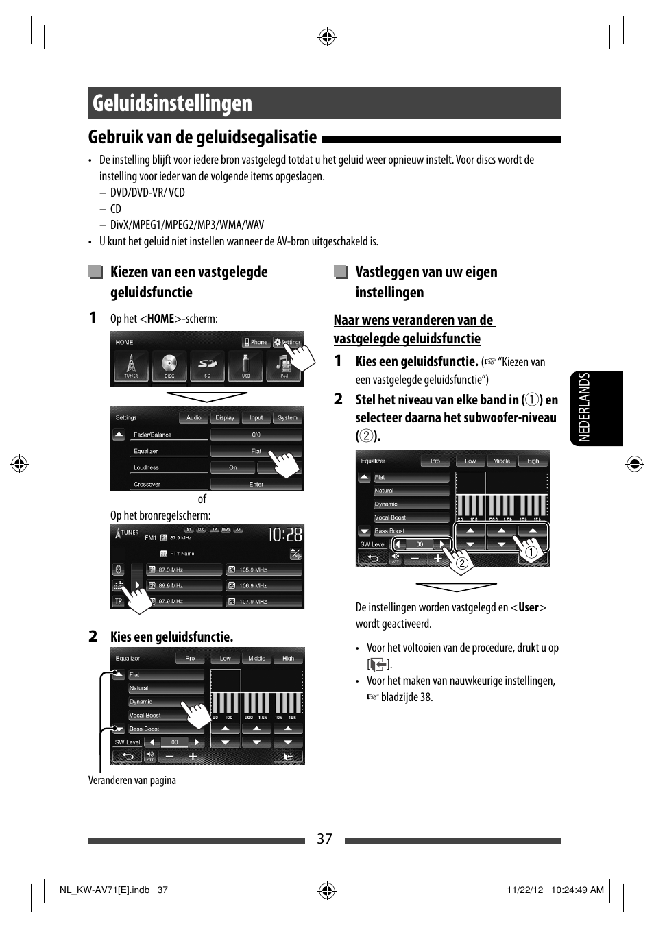 Geluidsinstellingen, Gebruik van de geluidsegalisatie | JVC KW-AV71BT User Manual | Page 247 / 285