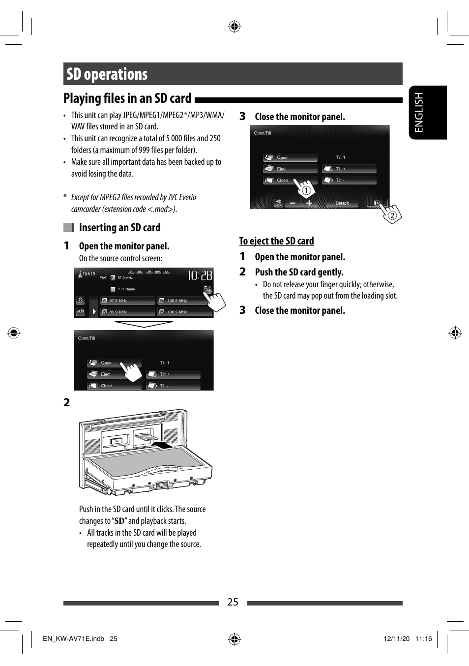 Sd operations, Playing files in an sd card | JVC KW-AV71BT User Manual | Page 25 / 285