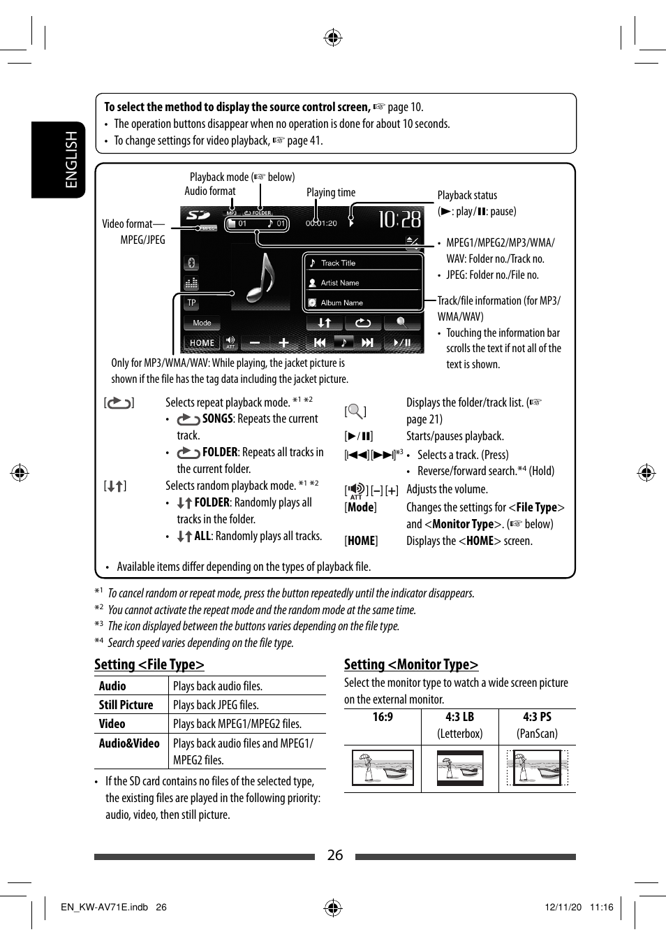 26 english setting <file type, Setting <monitor type | JVC KW-AV71BT User Manual | Page 26 / 285