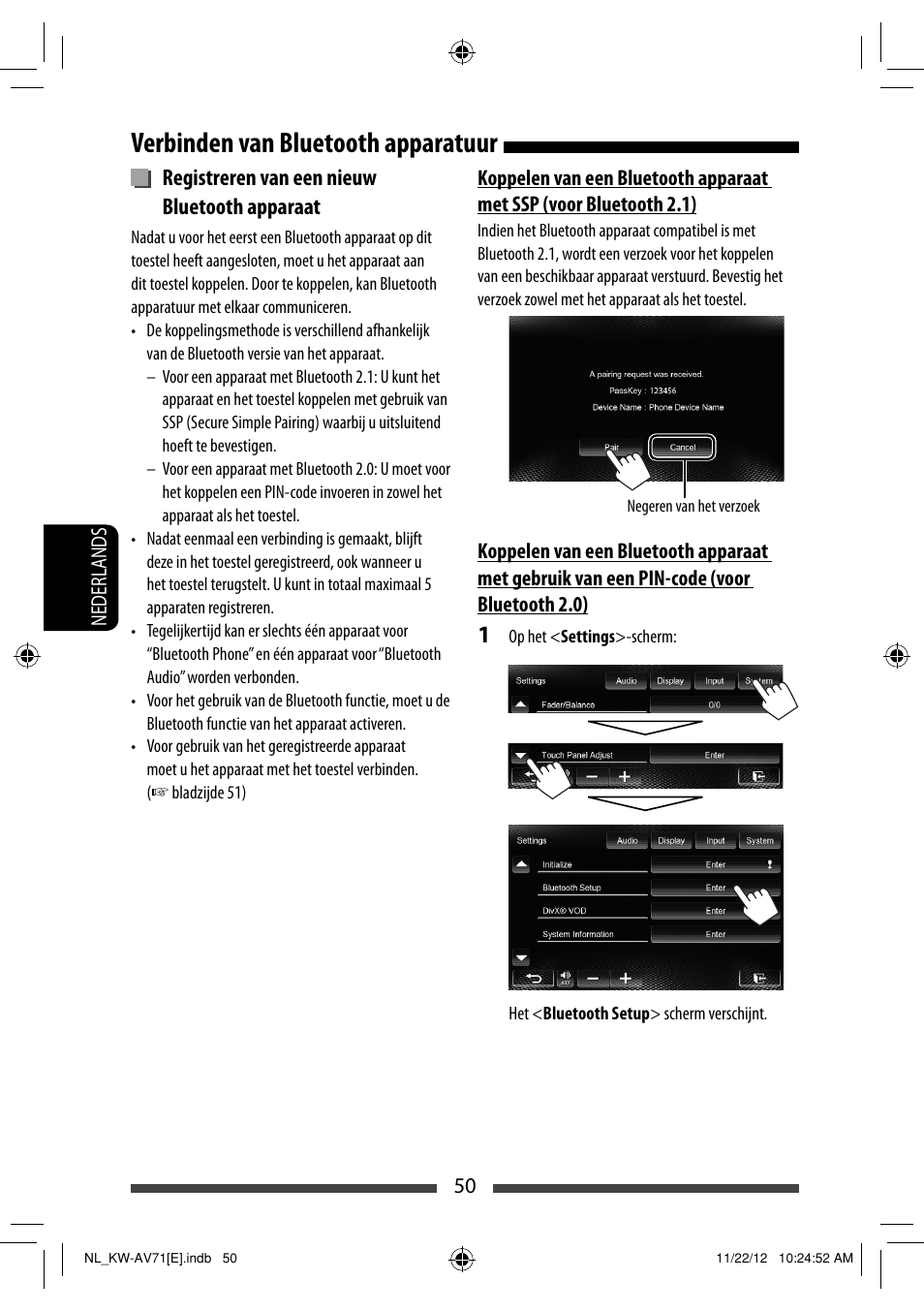 Verbinden van bluetooth apparatuur, Registreren van een nieuw bluetooth apparaat | JVC KW-AV71BT User Manual | Page 260 / 285