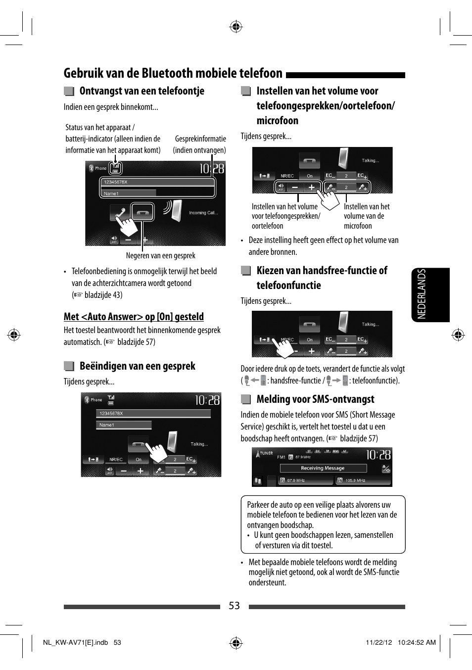 Gebruik van de bluetooth mobiele telefoon, Ontvangst van een telefoontje, Beëindigen van een gesprek | Kiezen van handsfree-functie of telefoonfunctie, Melding voor sms-ontvangst | JVC KW-AV71BT User Manual | Page 263 / 285