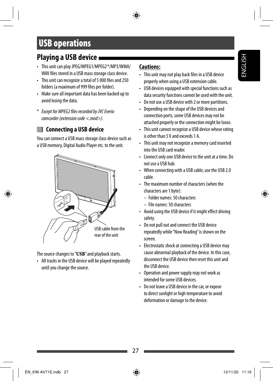 Usb operations, Playing a usb device, Connecting a usb device | JVC KW-AV71BT User Manual | Page 27 / 285