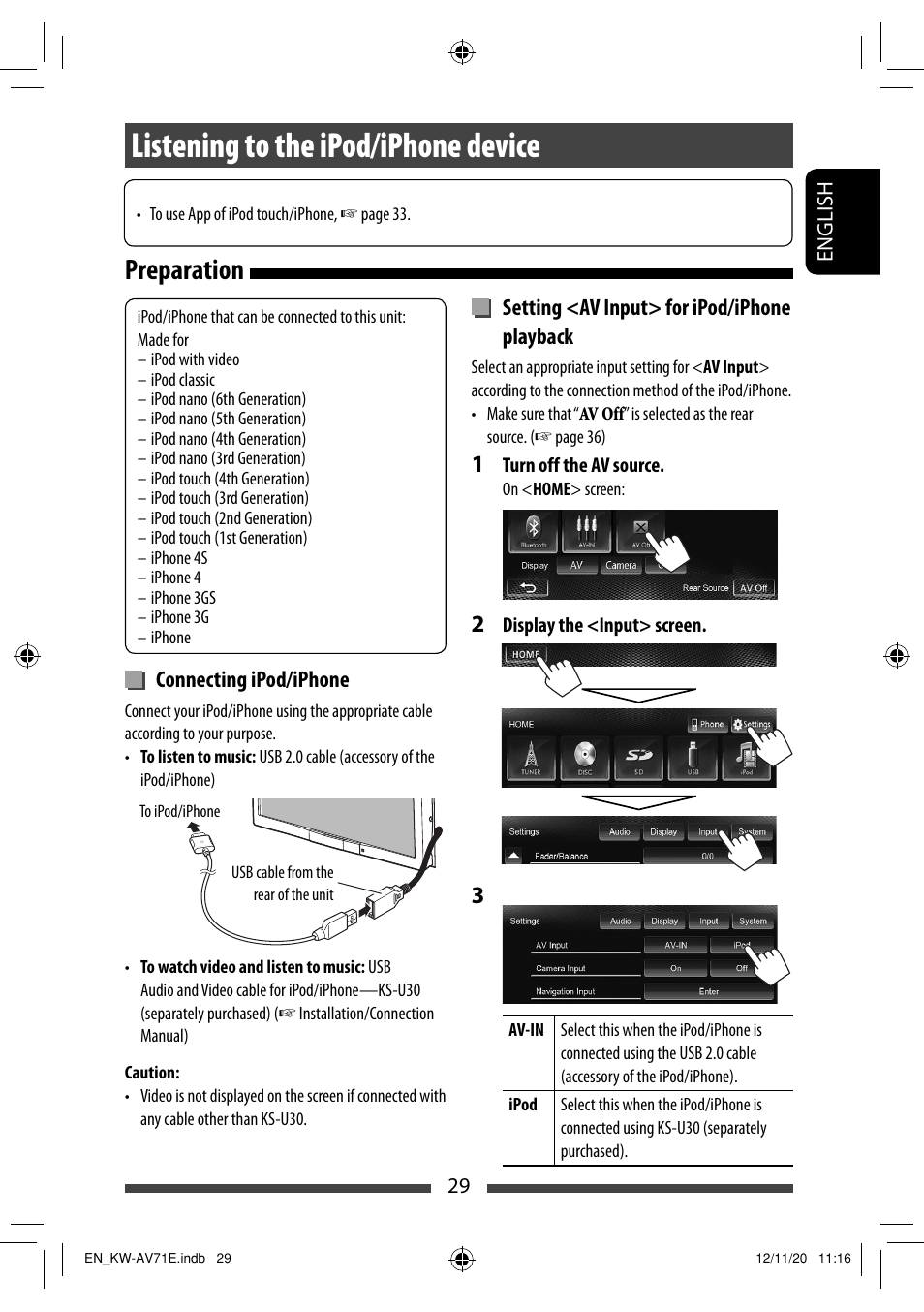 Listening to the ipod/iphone device, Preparation | JVC KW-AV71BT User Manual | Page 29 / 285