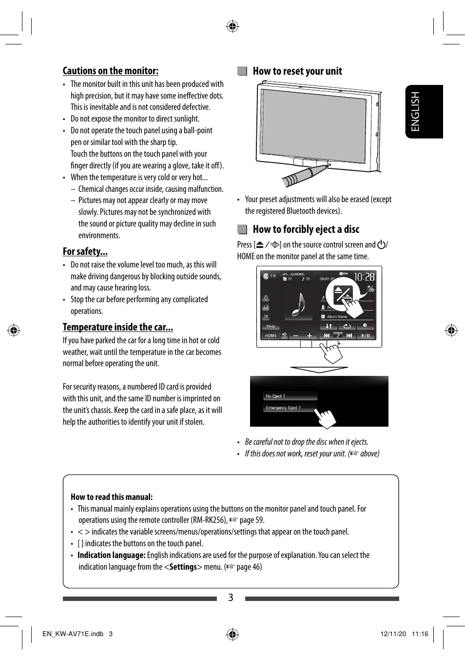 How to reset your unit, How to forcibly eject a disc | JVC KW-AV71BT User Manual | Page 3 / 285