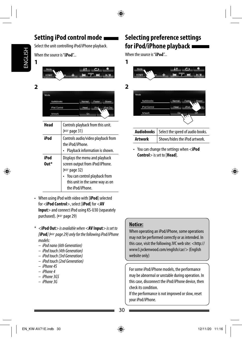 Setting ipod control mode | JVC KW-AV71BT User Manual | Page 30 / 285