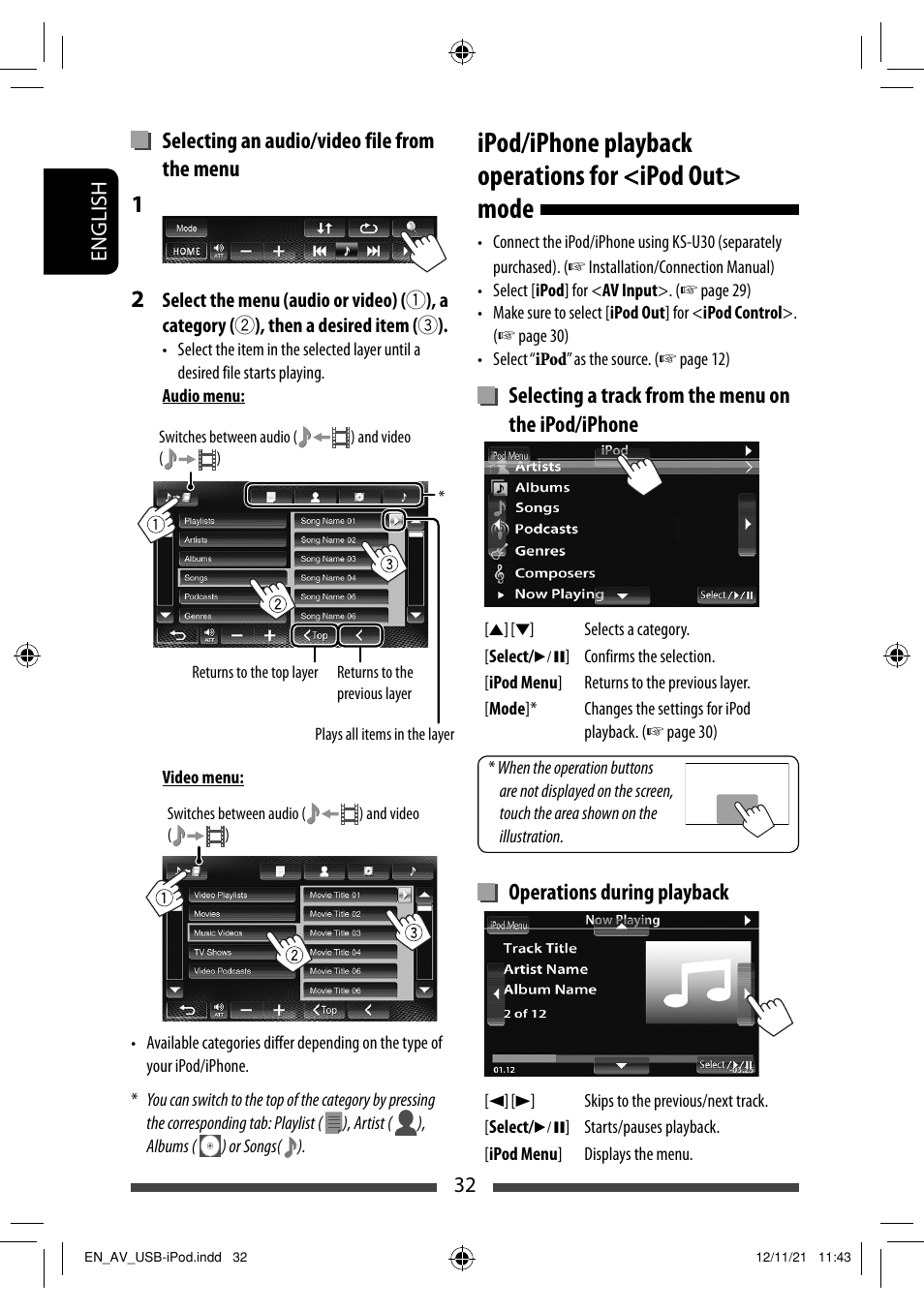 Selecting an audio/video file from the menu, Selecting a track from the menu on the ipod/iphone, Operations during playback | JVC KW-AV71BT User Manual | Page 32 / 285