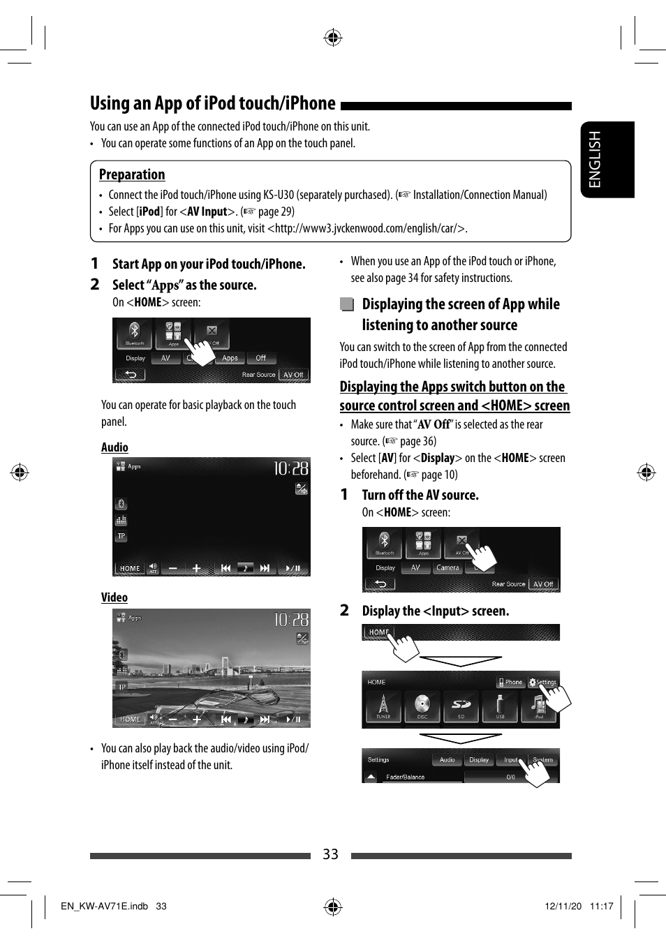 Using an app of ipod touch/iphone | JVC KW-AV71BT User Manual | Page 33 / 285