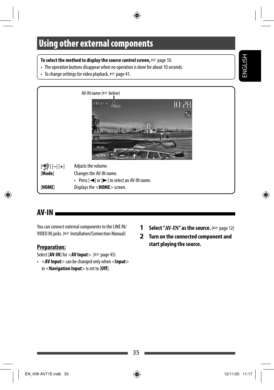 Using other external components, Av-in | JVC KW-AV71BT User Manual | Page 35 / 285
