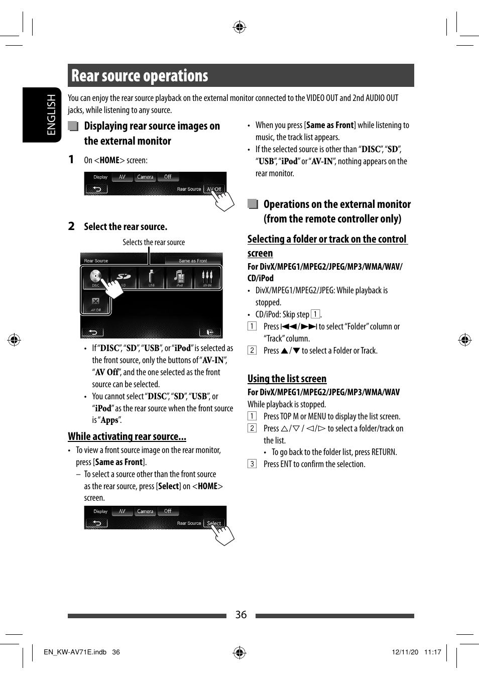 Rear source operations | JVC KW-AV71BT User Manual | Page 36 / 285