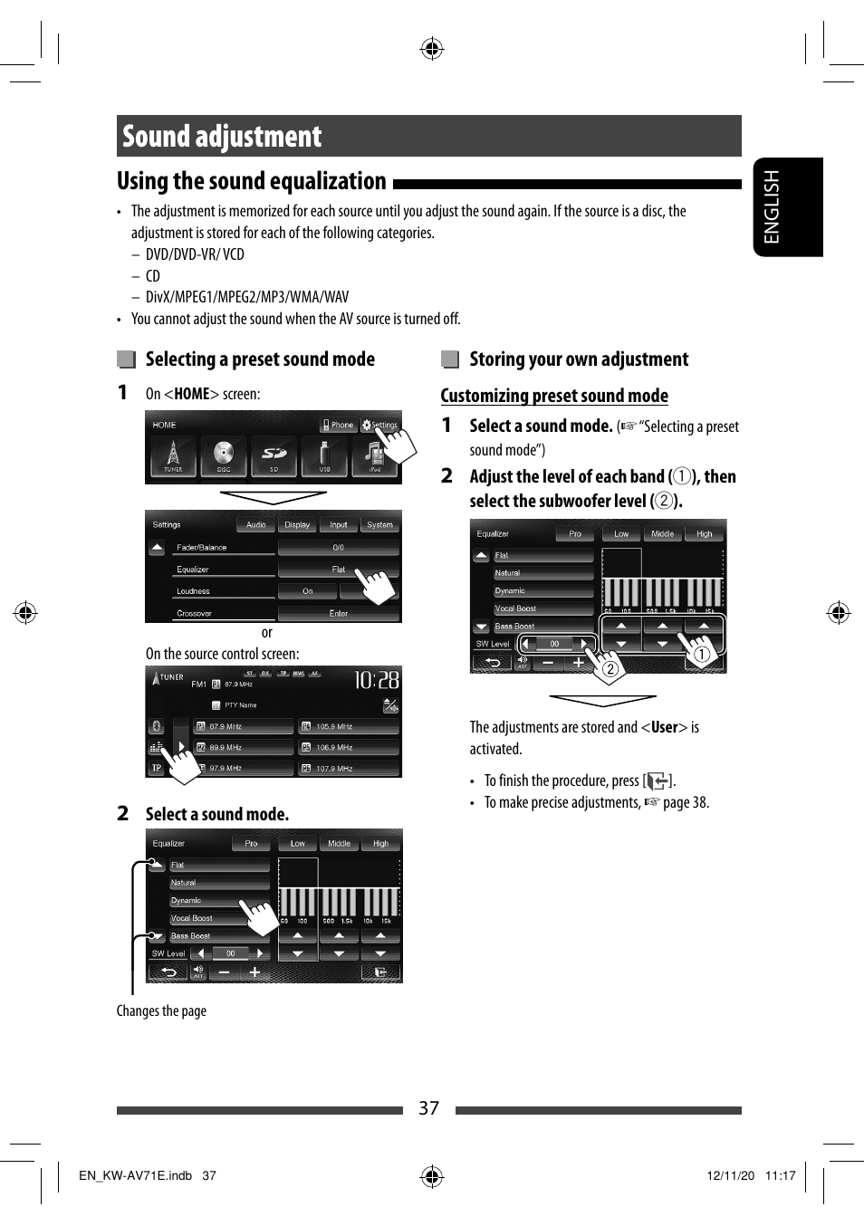 Sound adjustment, Using the sound equalization | JVC KW-AV71BT User Manual | Page 37 / 285