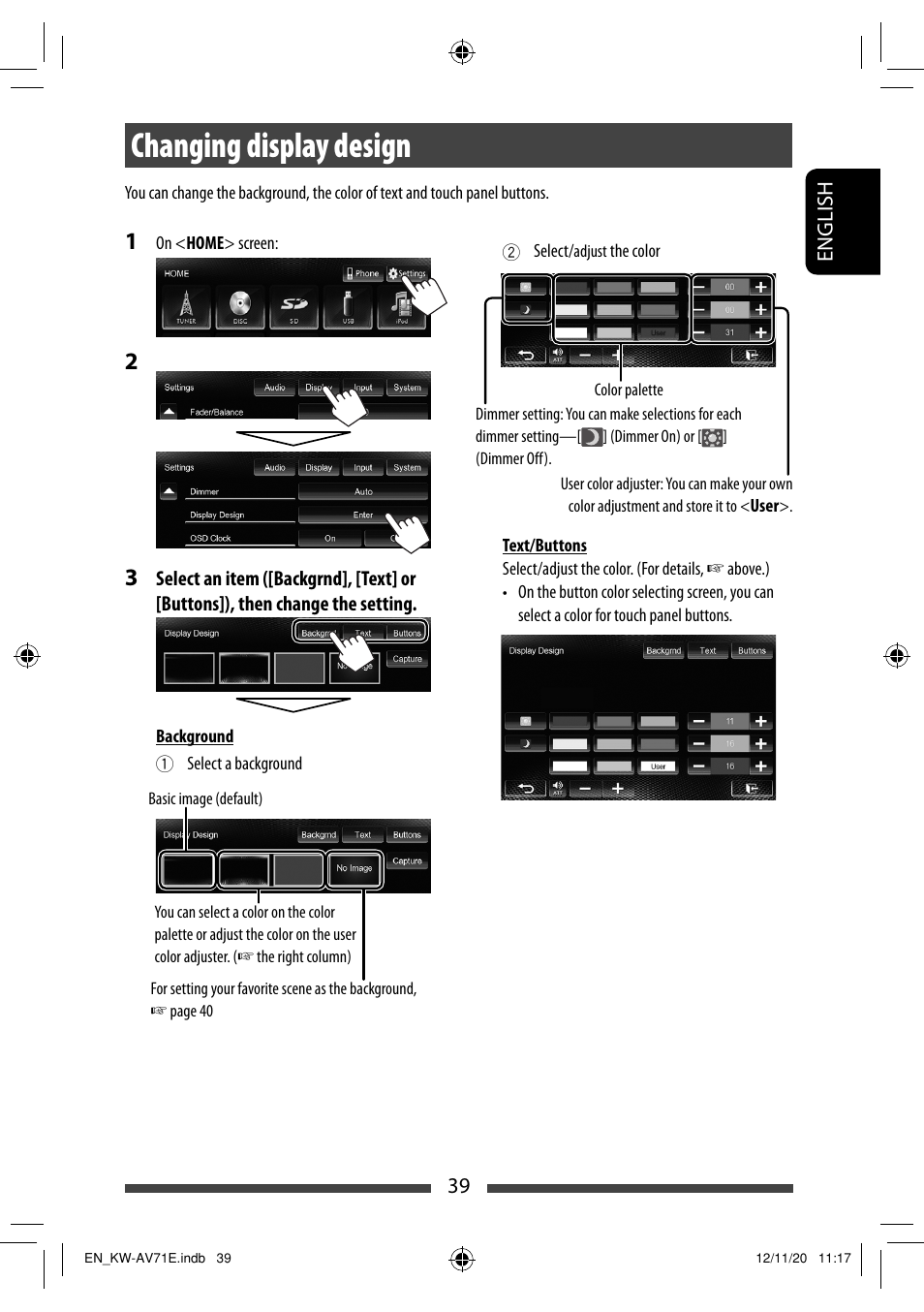 Changing display design | JVC KW-AV71BT User Manual | Page 39 / 285
