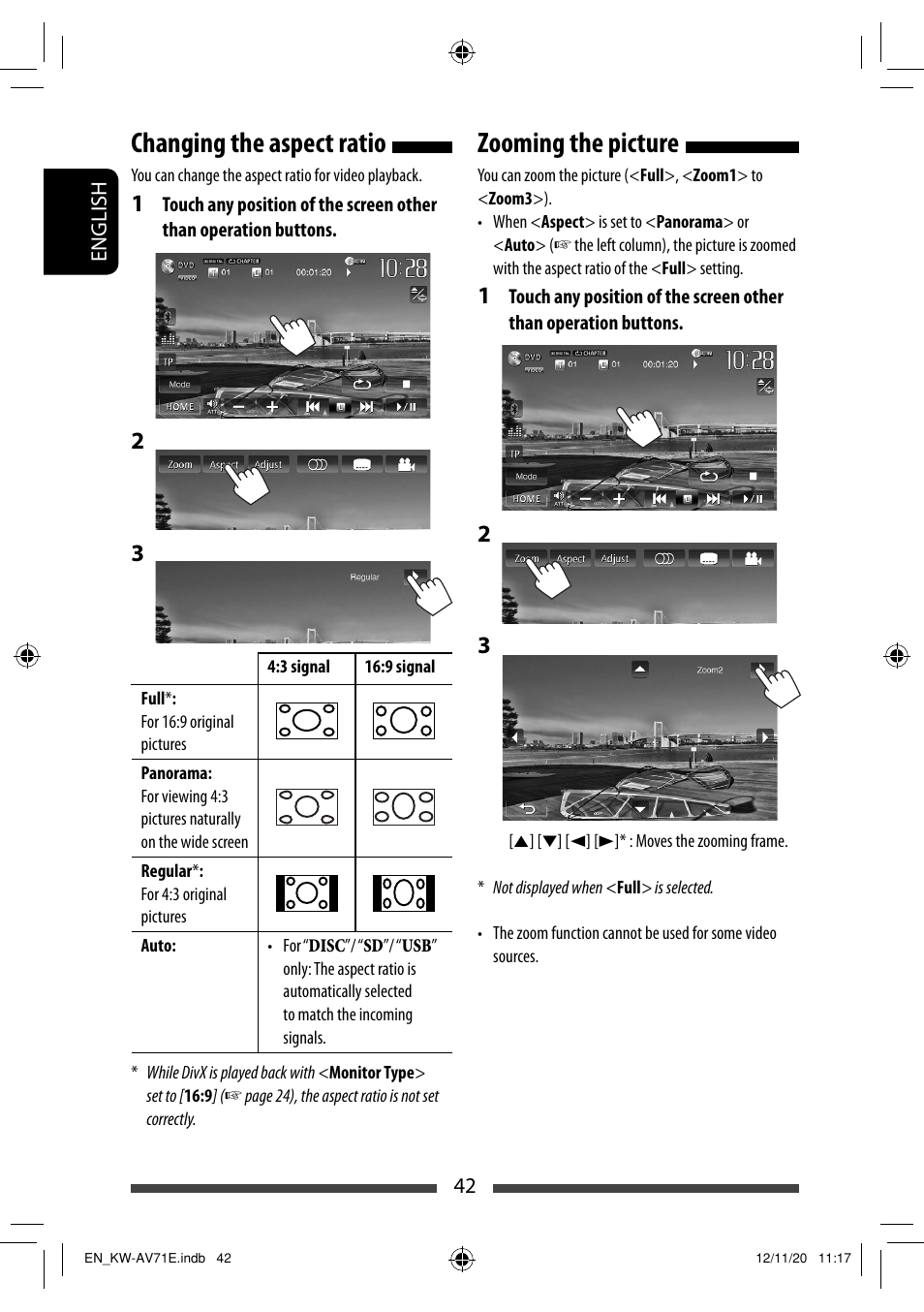 Changing the aspect ratio, Zooming the picture | JVC KW-AV71BT User Manual | Page 42 / 285