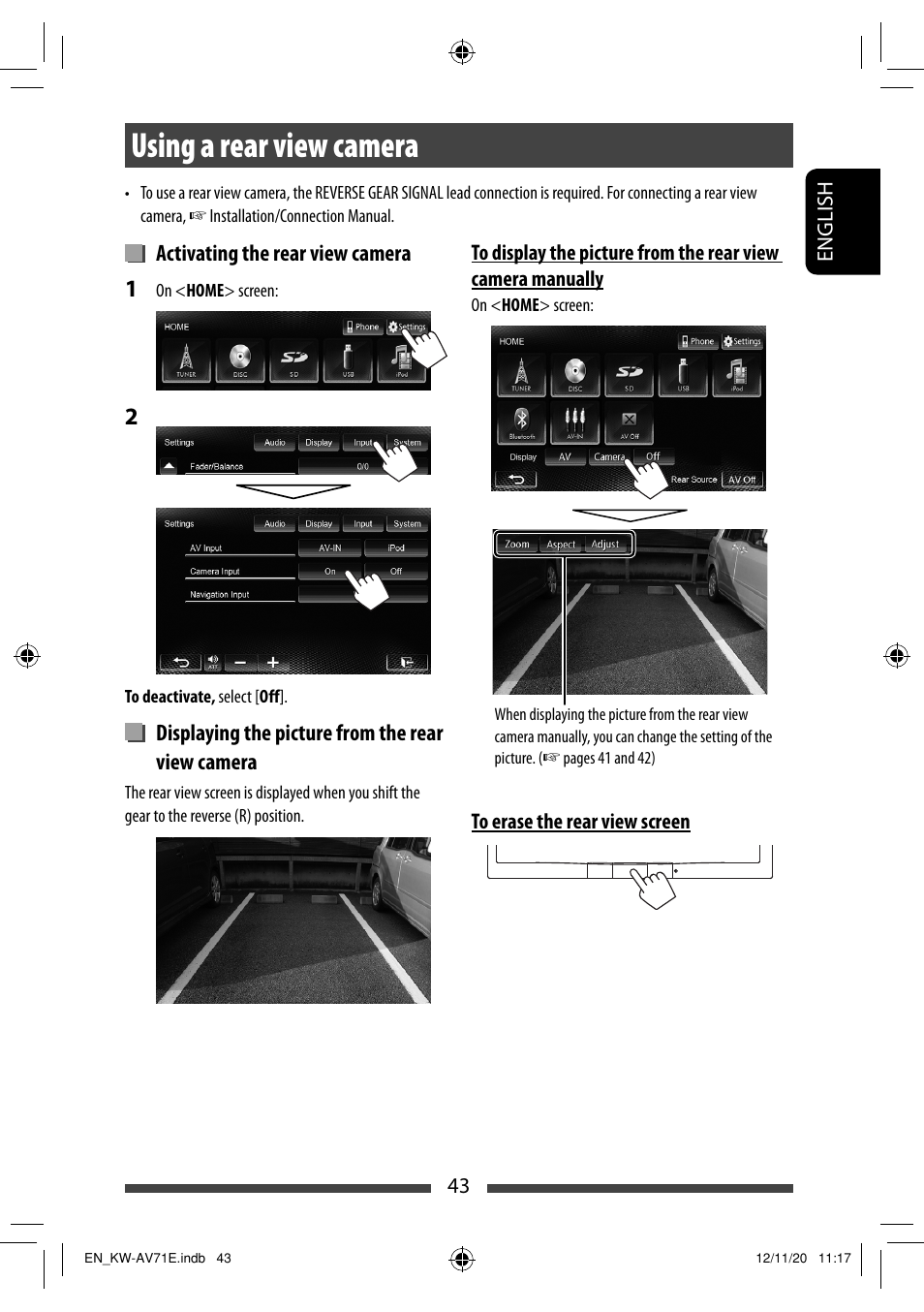 Using a rear view camera | JVC KW-AV71BT User Manual | Page 43 / 285