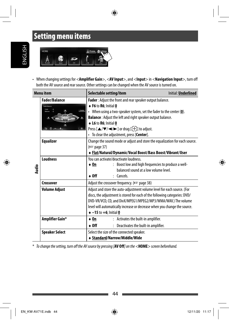 Setting menu items | JVC KW-AV71BT User Manual | Page 44 / 285