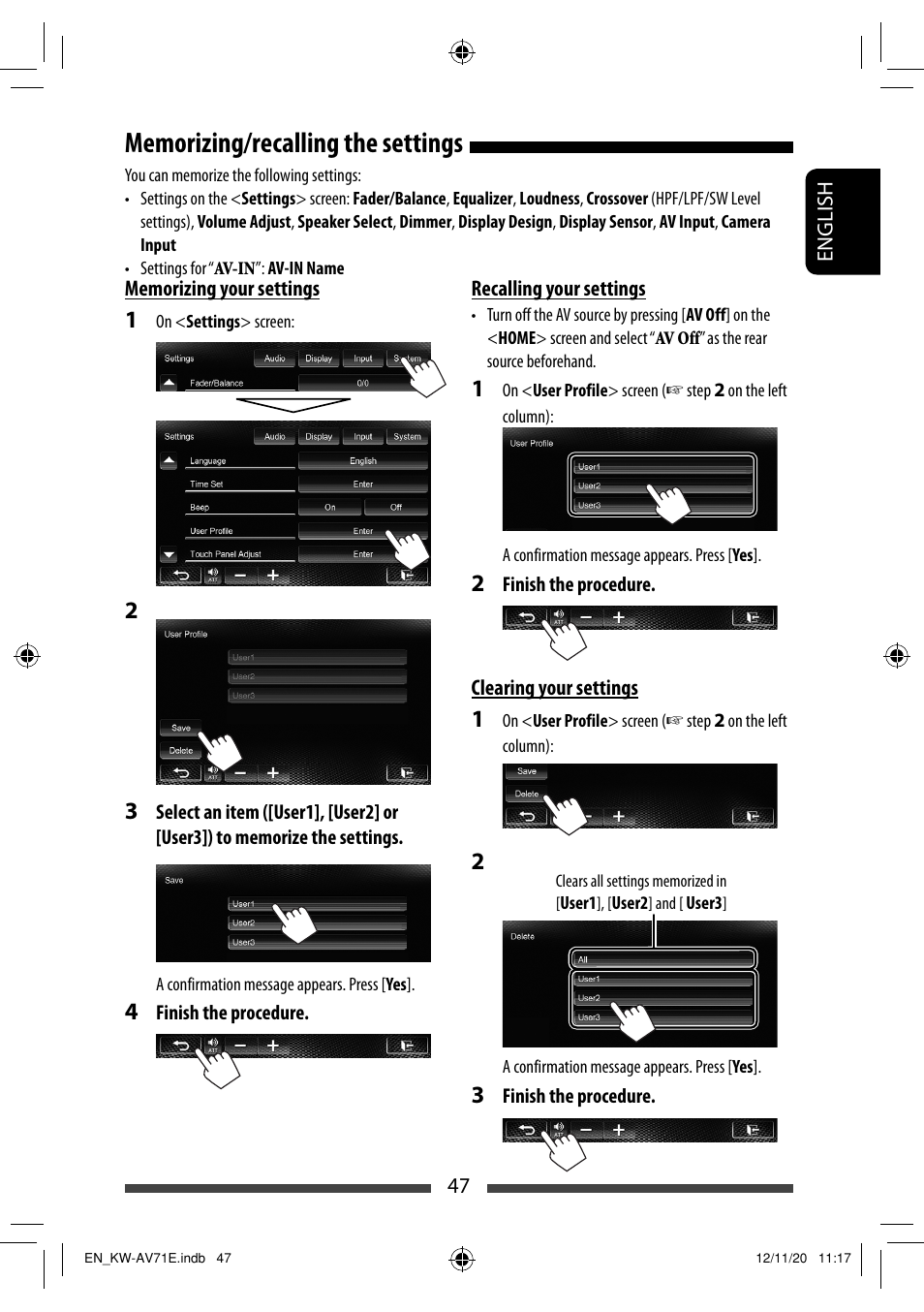 Memorizing/recalling the settings | JVC KW-AV71BT User Manual | Page 47 / 285