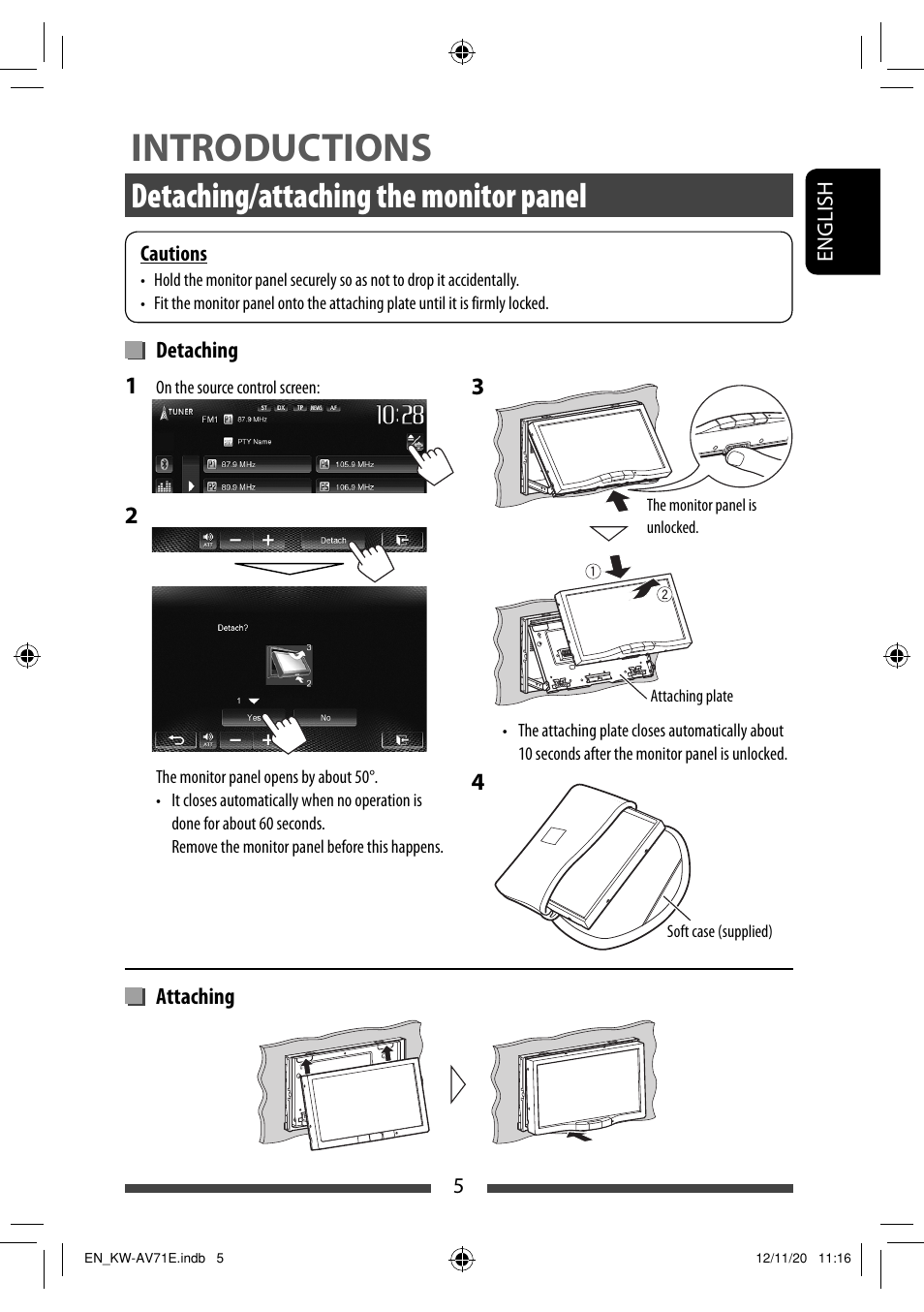 Introductions, Detaching/attaching the monitor panel | JVC KW-AV71BT User Manual | Page 5 / 285