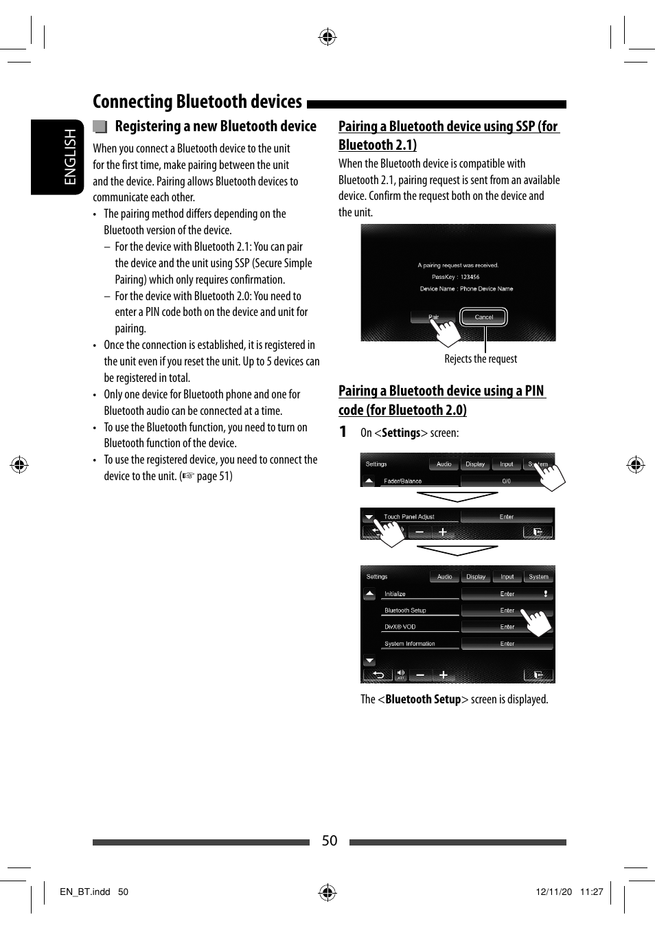 Connecting bluetooth devices, Registering a new bluetooth device | JVC KW-AV71BT User Manual | Page 50 / 285