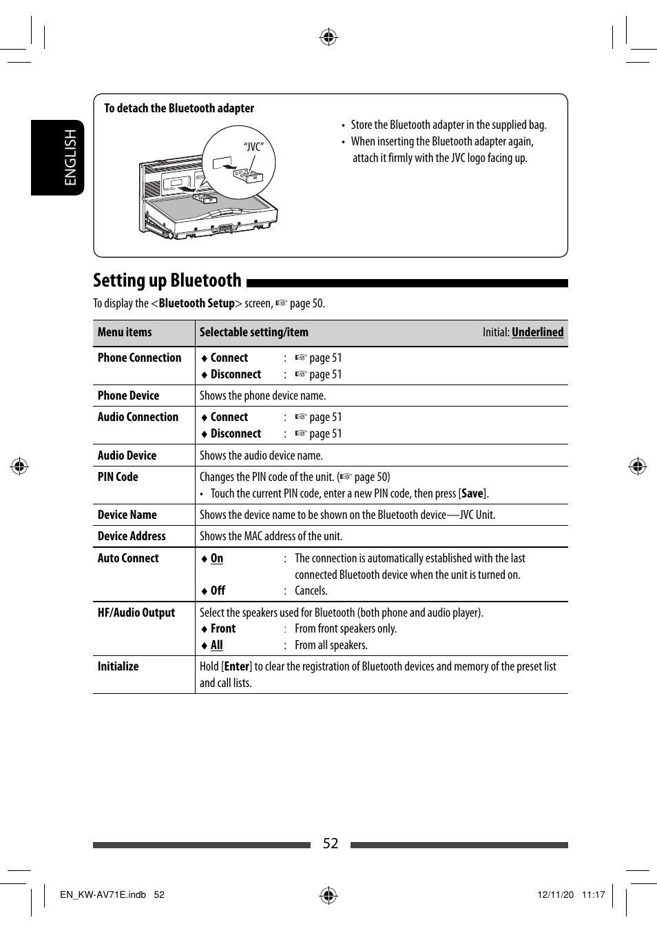 Setting up bluetooth, 52 english | JVC KW-AV71BT User Manual | Page 52 / 285