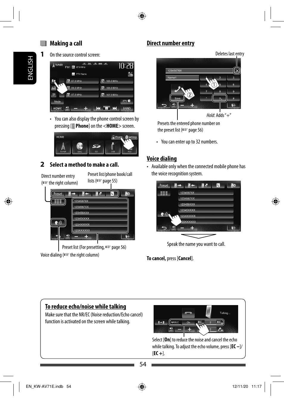 Making a call | JVC KW-AV71BT User Manual | Page 54 / 285