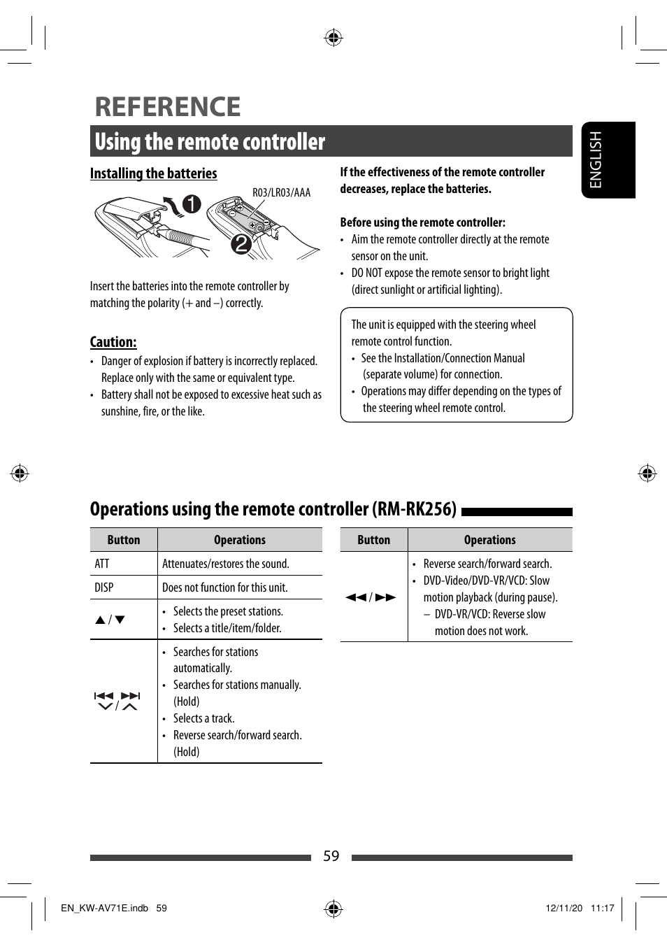 Reference, Using the remote controller, Operations using the remote controller (rm-rk256) | JVC KW-AV71BT User Manual | Page 59 / 285