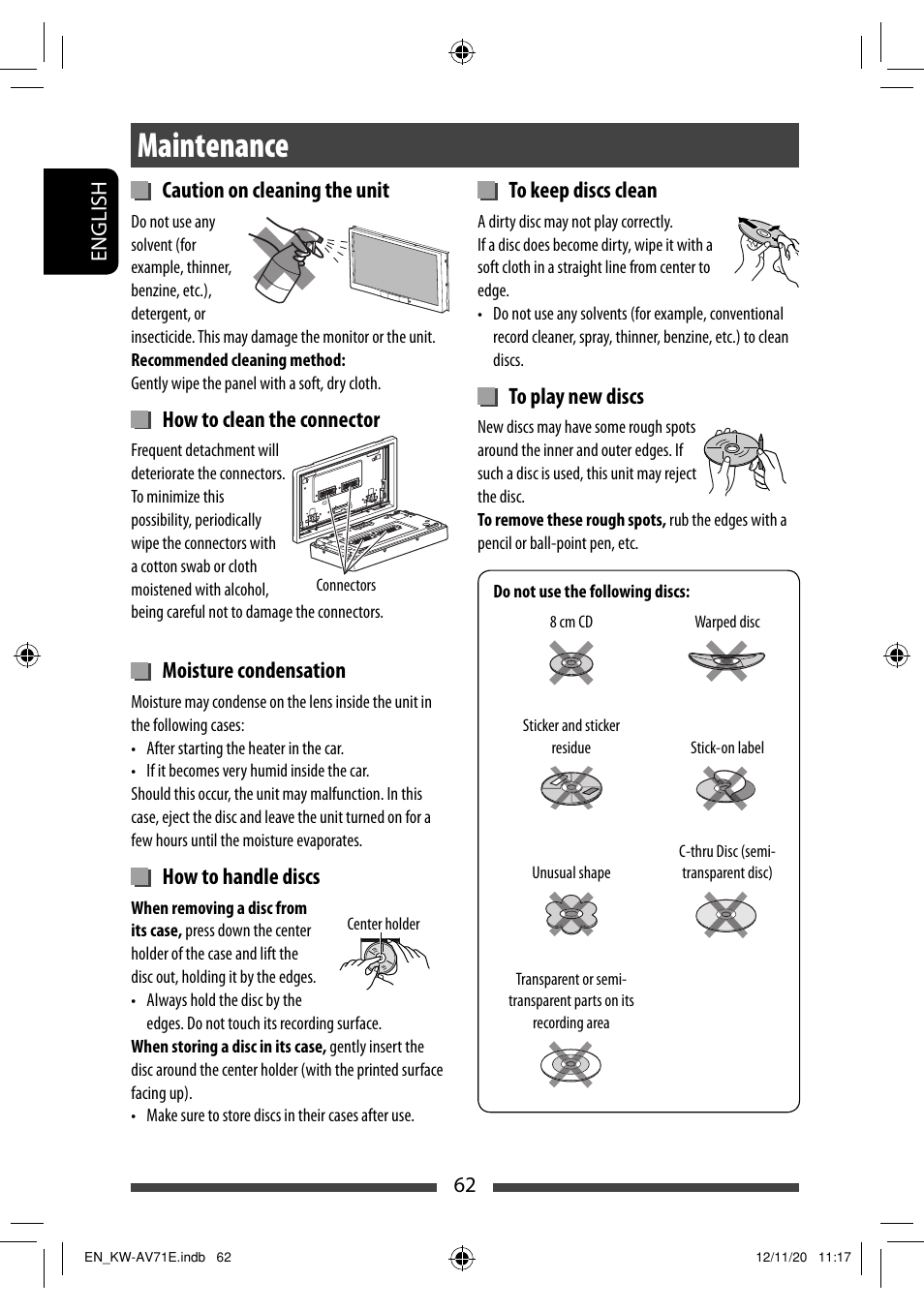 Maintenance, Caution on cleaning the unit, How to clean the connector | Moisture condensation, How to handle discs | JVC KW-AV71BT User Manual | Page 62 / 285