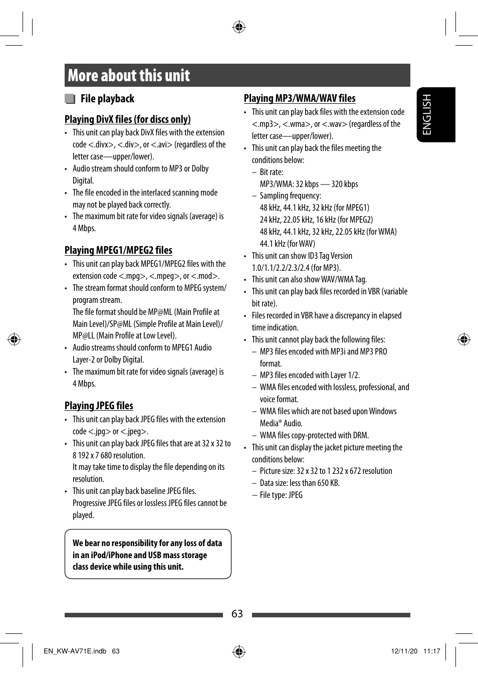More about this unit, File playback | JVC KW-AV71BT User Manual | Page 63 / 285