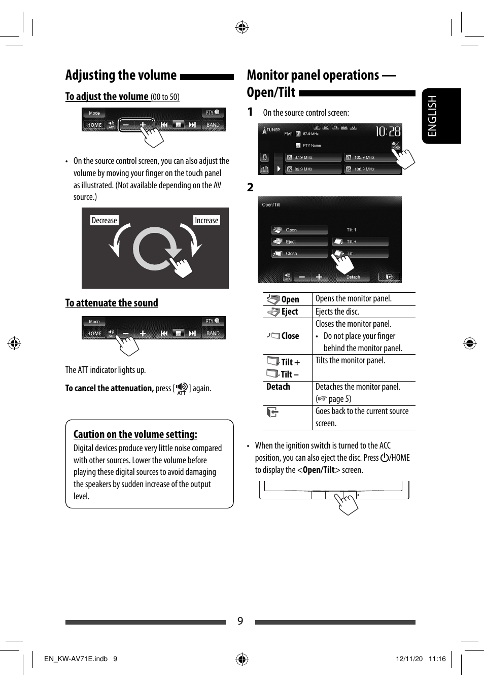 Adjusting the volume, Monitor panel operations — open/tilt | JVC KW-AV71BT User Manual | Page 9 / 285