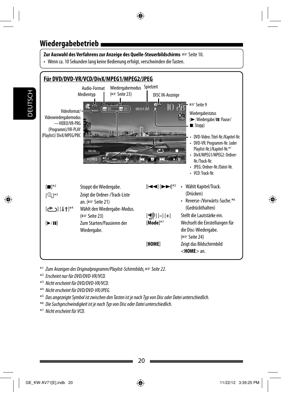 Wiedergabebetrieb, 20 deut sch, Für dvd/dvd-vr/vcd/divx/mpeg1/mpeg2/jpeg | JVC KW-AV71BT User Manual | Page 90 / 285