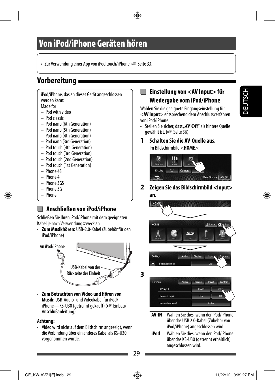 Von ipod/iphone geräten hören, Vorbereitung | JVC KW-AV71BT User Manual | Page 99 / 285