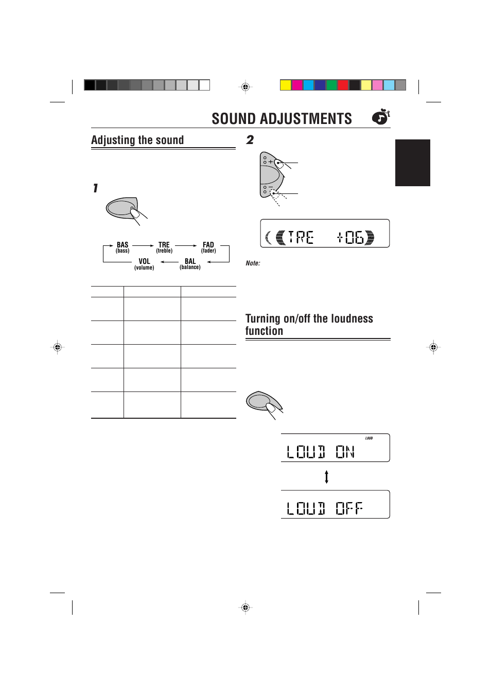 Sound adjustments, Adjusting the sound, Turning on/off the loudness function | JVC KD-S621 User Manual | Page 13 / 82