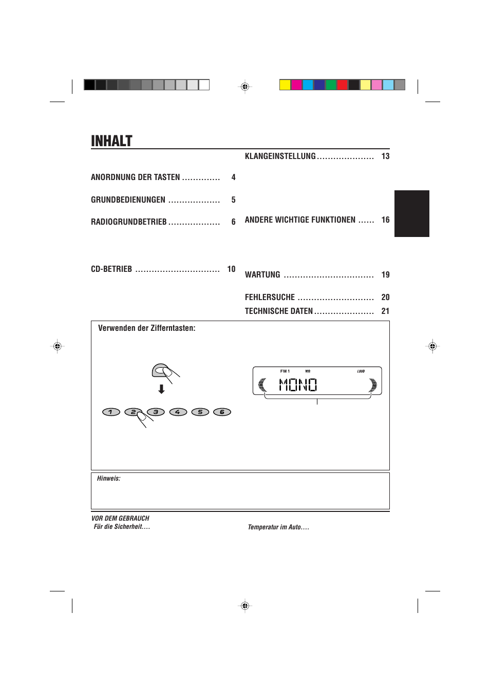 Inhalt, Verwenden der zifferntasten, Deutsch | Anordnung der tasten, Grundbedienungen, Radiogrundbetrieb, Cd-betrieb, Klangeinstellung, Andere wichtige funktionen, Wartung | JVC KD-S621 User Manual | Page 23 / 82