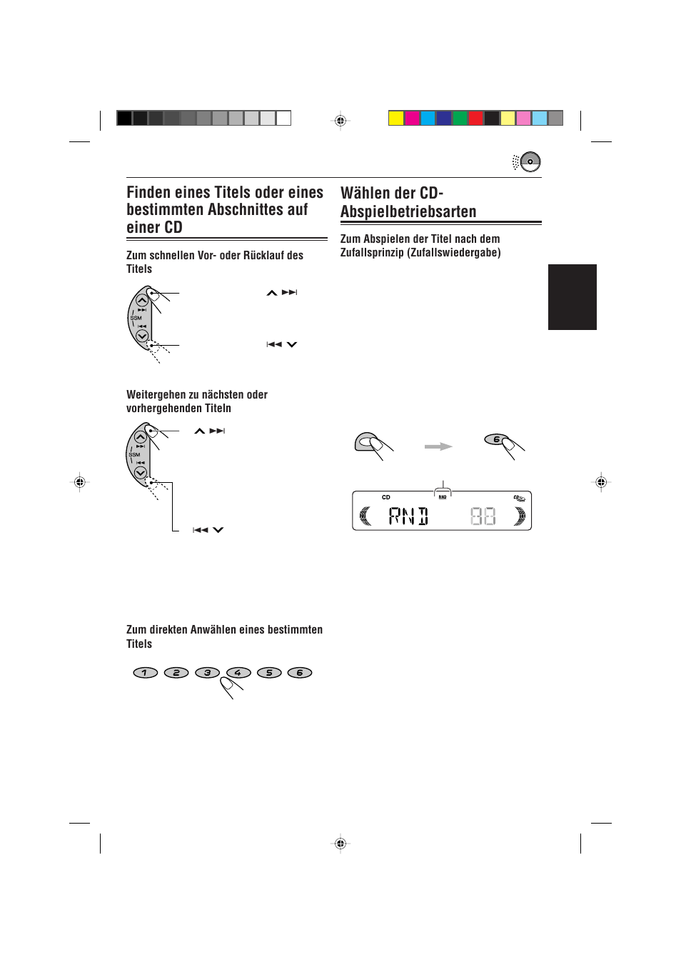 Wahlen der cd-abspielbetriebsarten, Wählen der cd- abspielbetriebsarten, Deutsch | Zum direkten anwählen eines bestimmten titels | JVC KD-S621 User Manual | Page 31 / 82