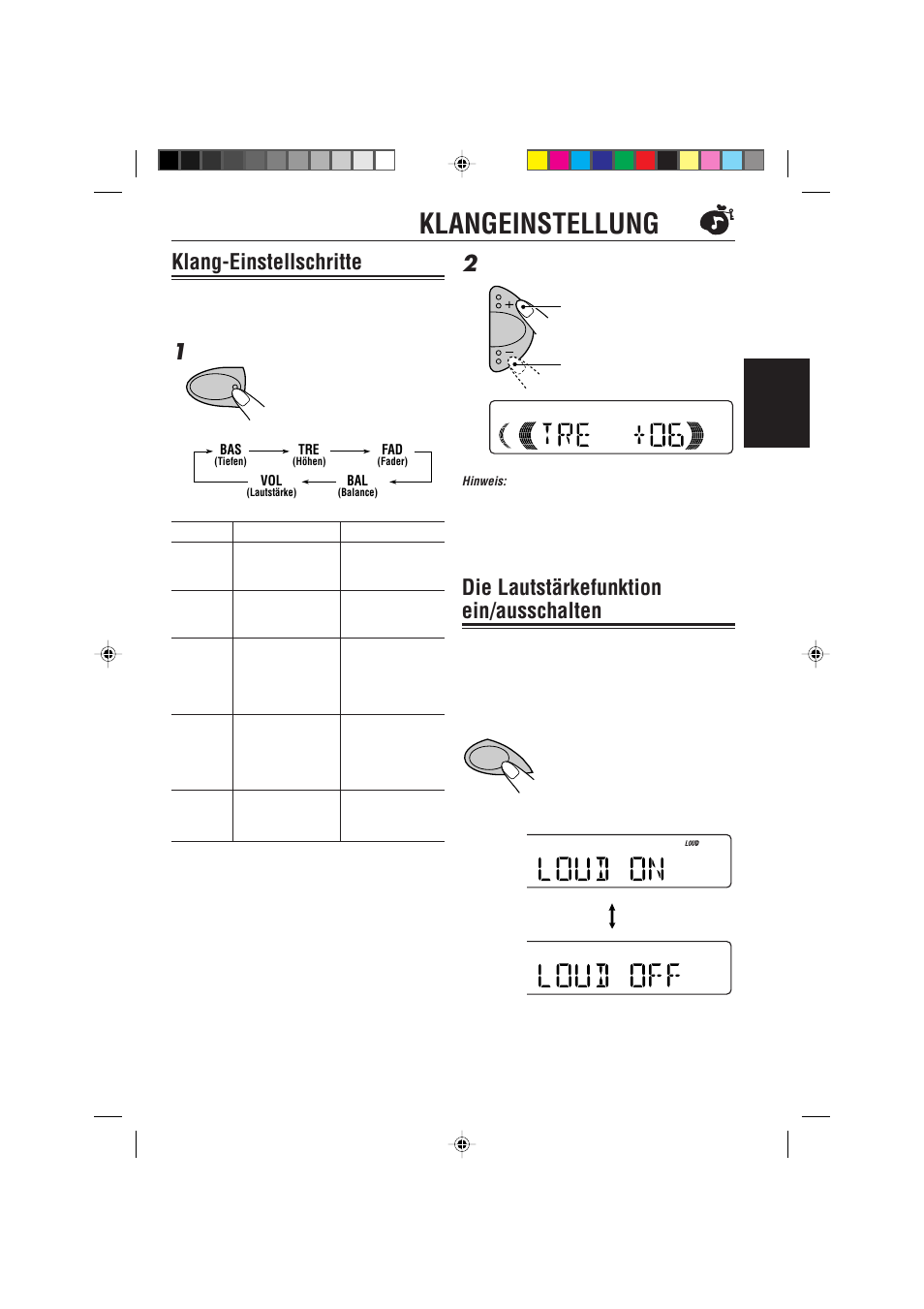 Klangeinstellung, Klang-einstellschritte, Die lautstarkefunktion ein/ausschalten | Die lautstärkefunktion ein/ausschalten | JVC KD-S621 User Manual | Page 33 / 82