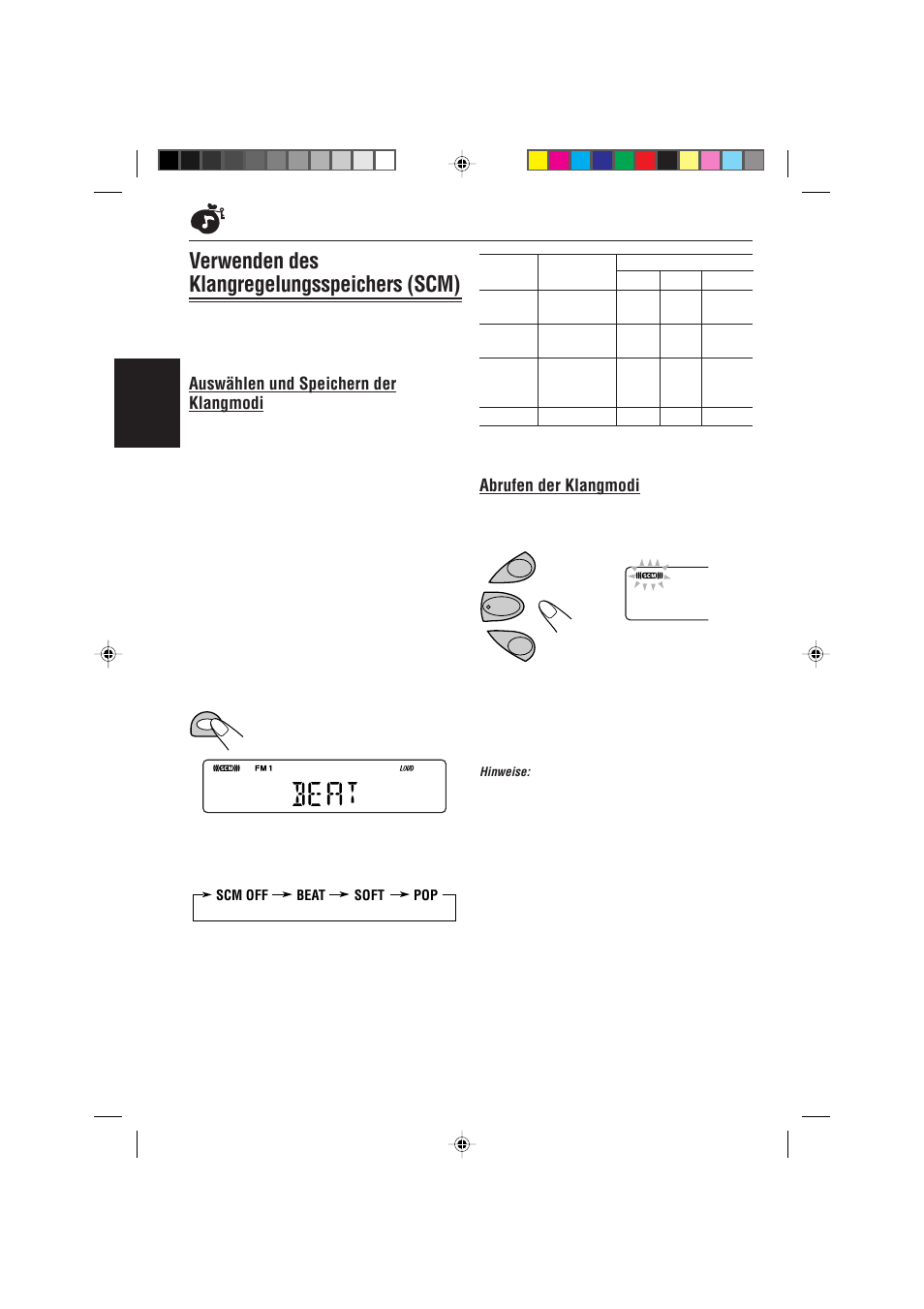 Verwenden des klangregelungsspeichers (scm), Abrufen der klangmodi, Auswählen und speichern der klangmodi | Deutsch | JVC KD-S621 User Manual | Page 34 / 82