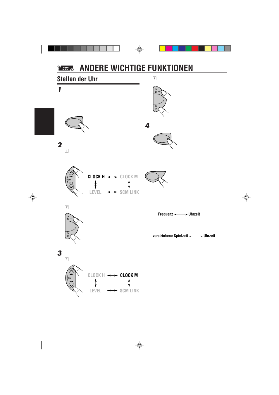 Andere wichtige funktionen, Stellen der uhr, Stellen der uhr 1 | JVC KD-S621 User Manual | Page 36 / 82