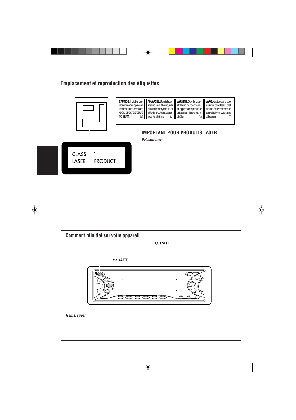 Comment reinitialiser votre appareil, Emplacement et reproduction des étiquettes, Français | Important pour produits laser, Comment réinitialiser votre appareil | JVC KD-S621 User Manual | Page 42 / 82