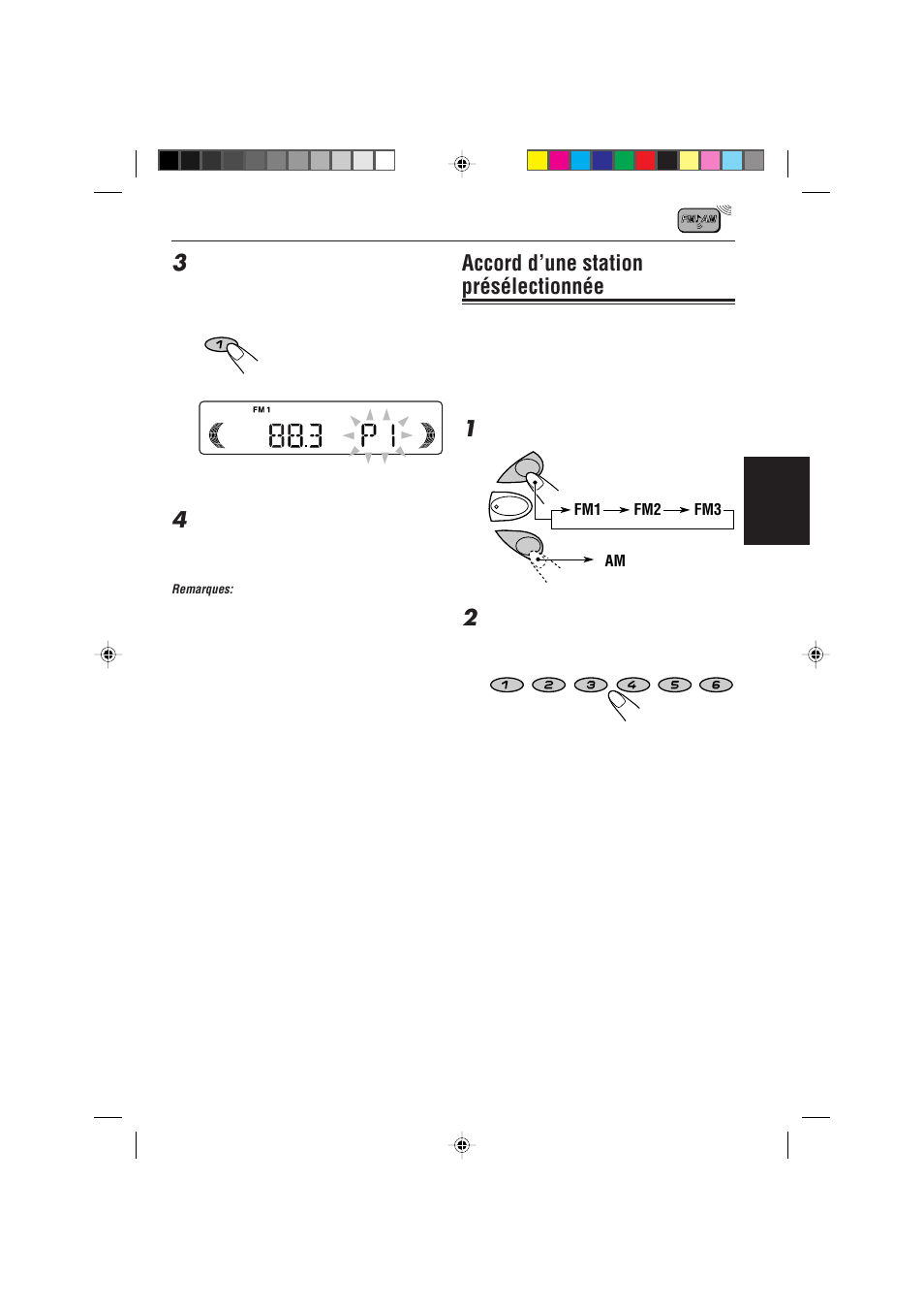 Accord d’une station preselectionnee, Accord d’une station présélectionnée, Français | Am fm1 fm2 fm3 | JVC KD-S621 User Manual | Page 49 / 82