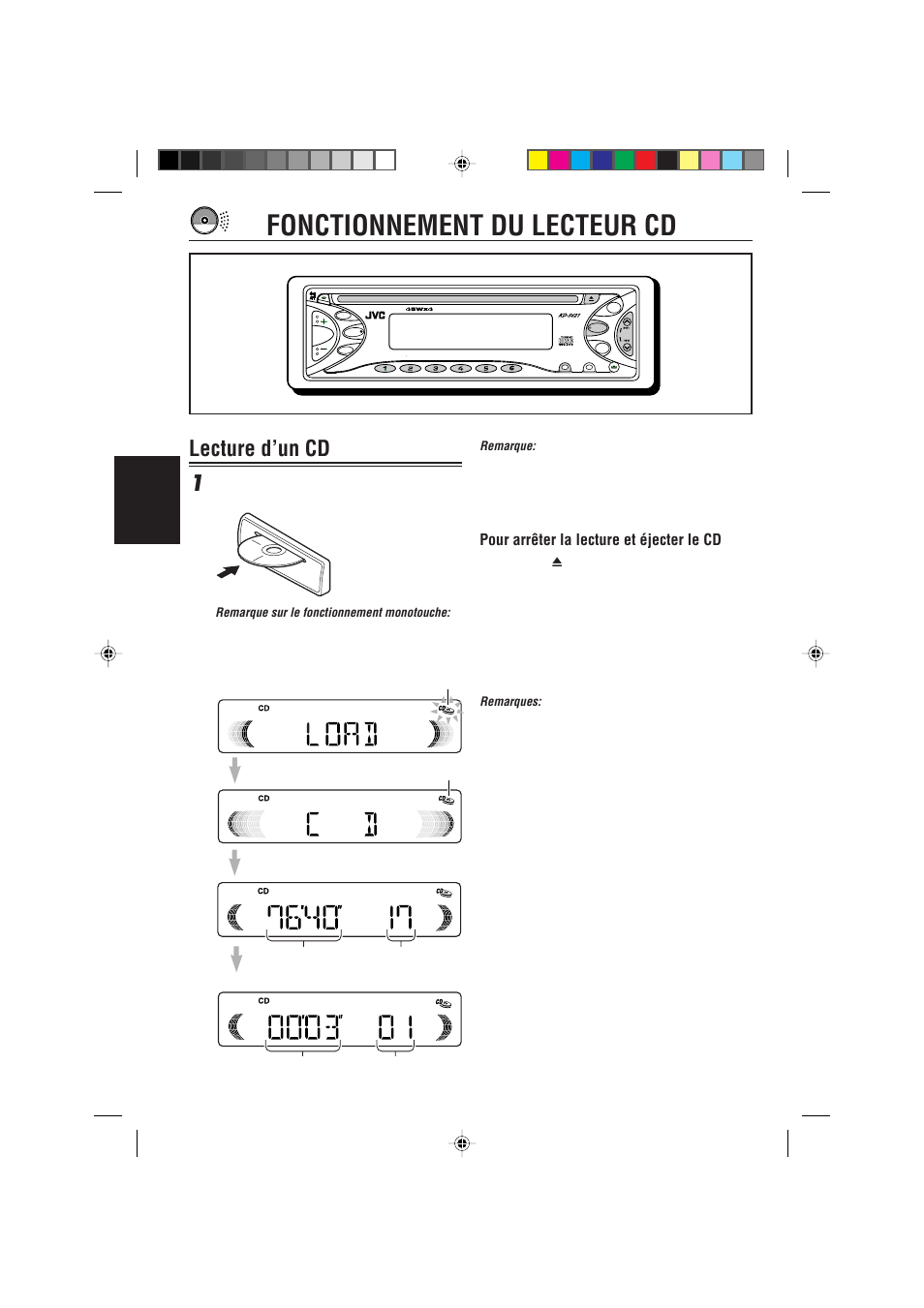Fonctionnement du lecteur cd, Lecture d’un cd, Lecture d’un cd 1 | Français, Pour arrêter la lecture et éjecter le cd, Insérez un disque dans la fente de d’insertion | JVC KD-S621 User Manual | Page 50 / 82