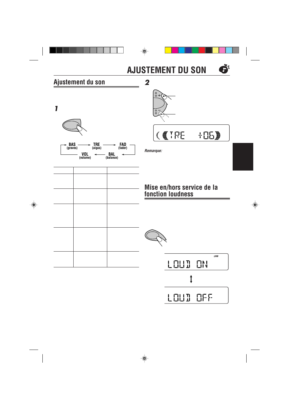 Ajustement du son, Mise en/hors service de la fonction loudness | JVC KD-S621 User Manual | Page 53 / 82