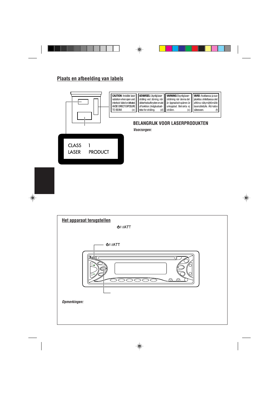 Het apparaat terugstellen, Plaats en afbeelding van labels, Nederlands | Belangrijk voor laserprodukten | JVC KD-S621 User Manual | Page 62 / 82