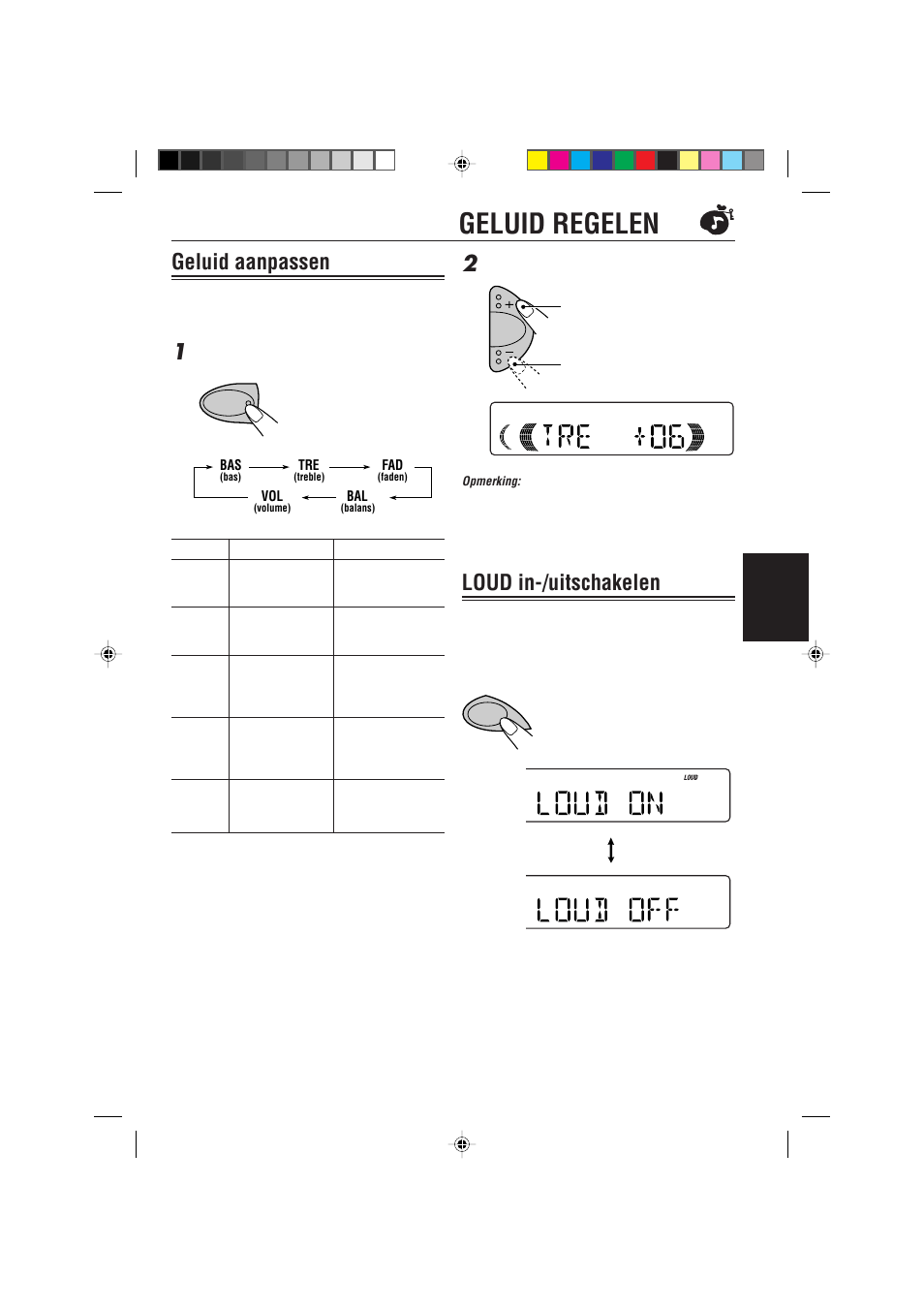 Geluid regelen, Geluid aanpassen, Loud in-/uitschakelen | JVC KD-S621 User Manual | Page 73 / 82