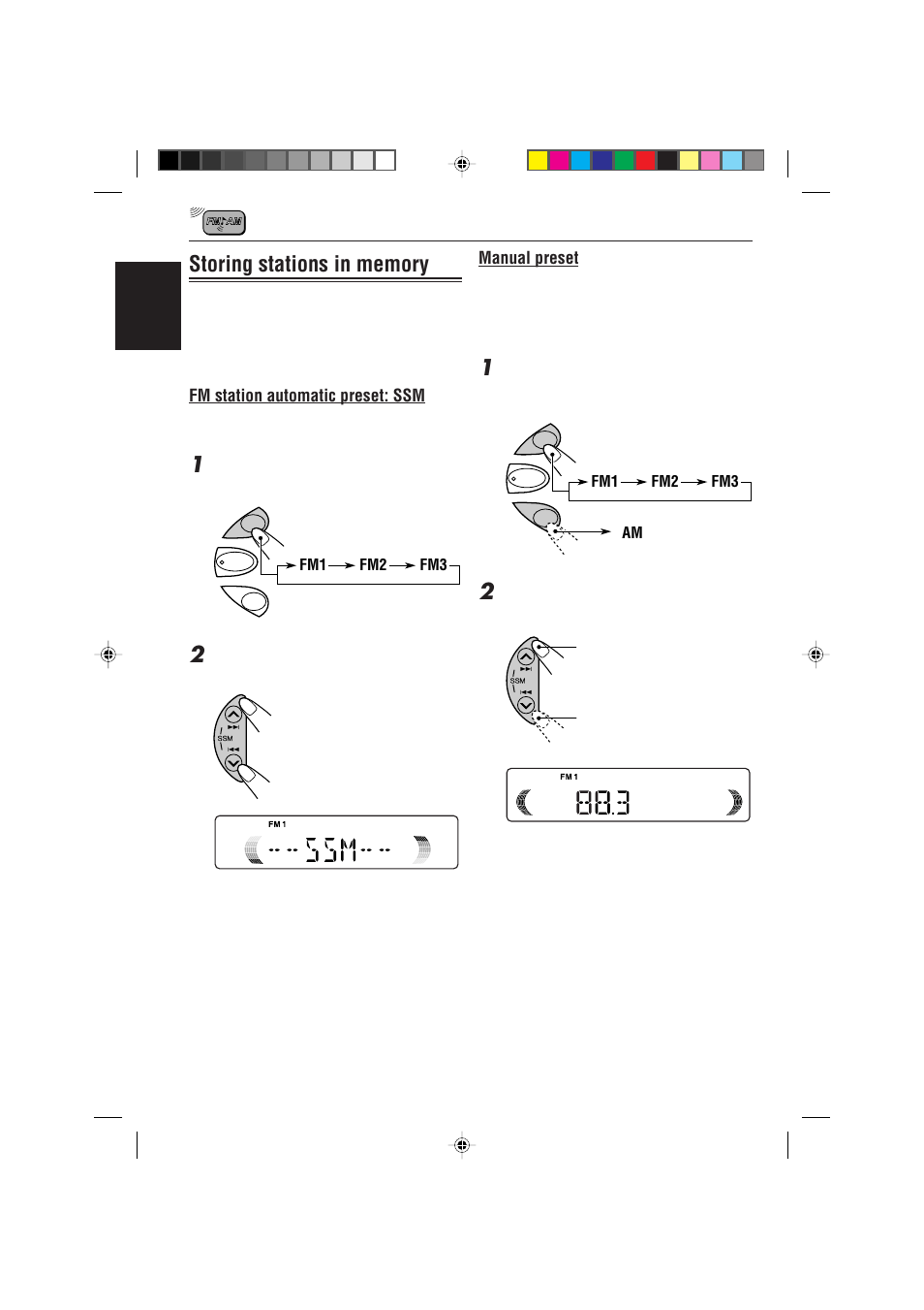 Storing stations in memory, Fm station automatic preset: ssm, Manual preset | JVC KD-S621 User Manual | Page 8 / 82