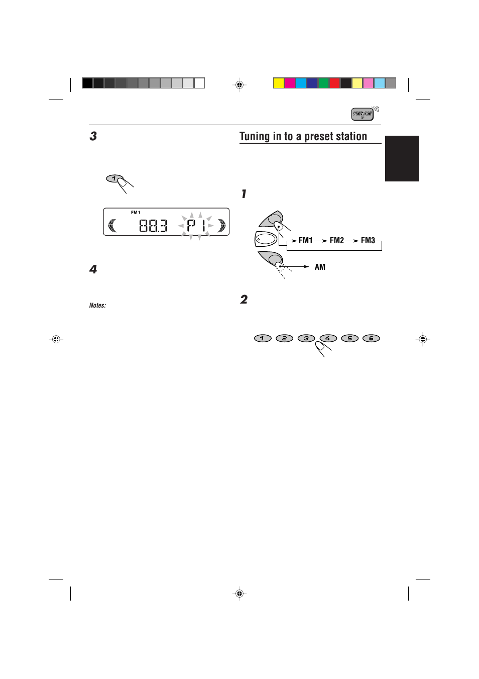Tuning in to a preset station, English, Am fm1 fm2 fm3 | JVC KD-S621 User Manual | Page 9 / 82