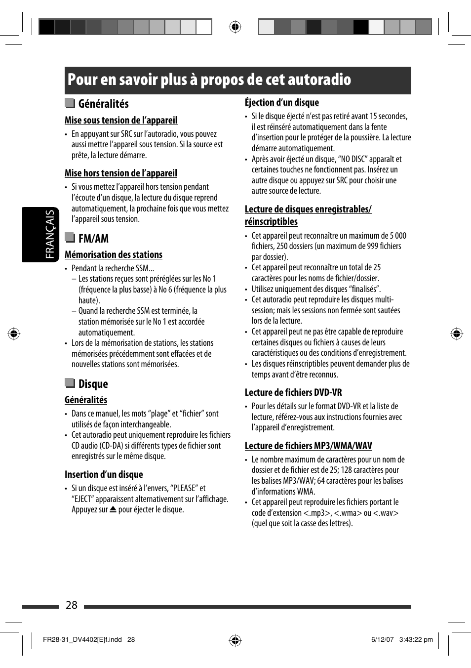 Pour en savoir plus à propos de cet autoradio, Généralités, Fm/am | Disque | JVC KD-DV4402 User Manual | Page 100 / 147