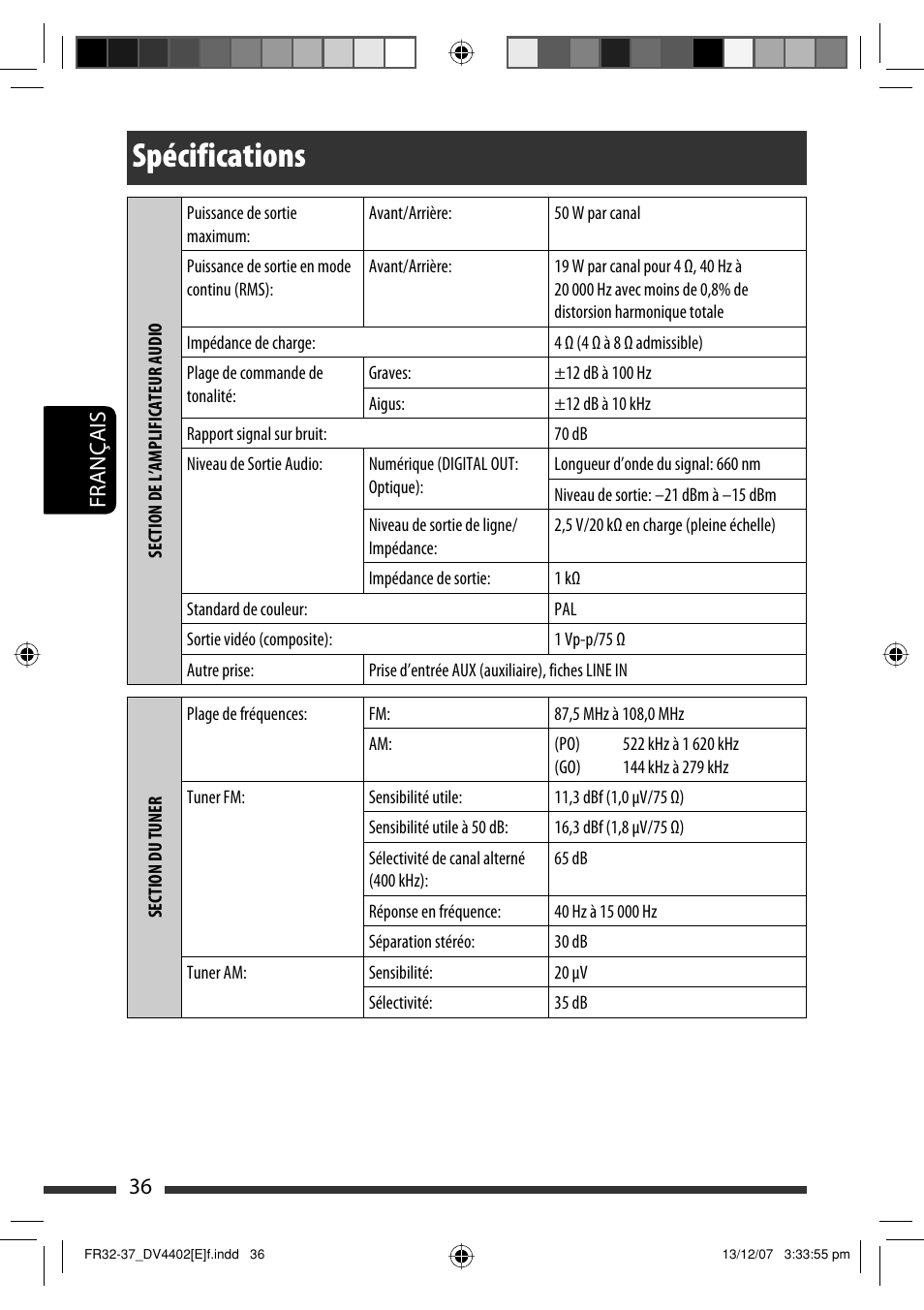 Spécifications, 36 français | JVC KD-DV4402 User Manual | Page 108 / 147