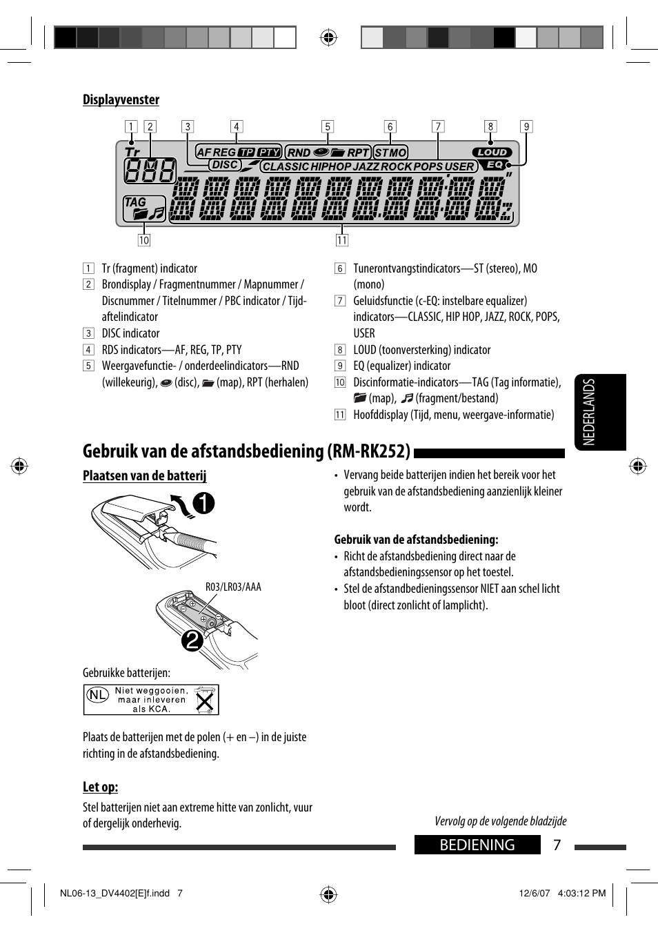 Gebruik van de afstandsbediening (rm-rk252), 7bediening nederlands | JVC KD-DV4402 User Manual | Page 115 / 147