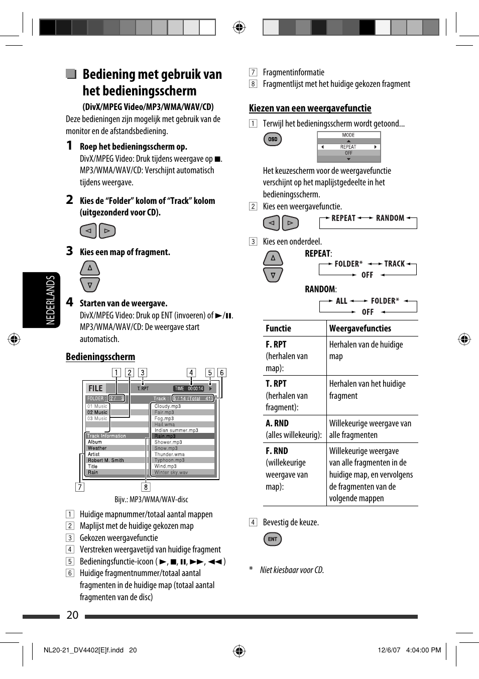 Bediening met gebruik van het bedieningsscherm, 20 nederlands | JVC KD-DV4402 User Manual | Page 128 / 147