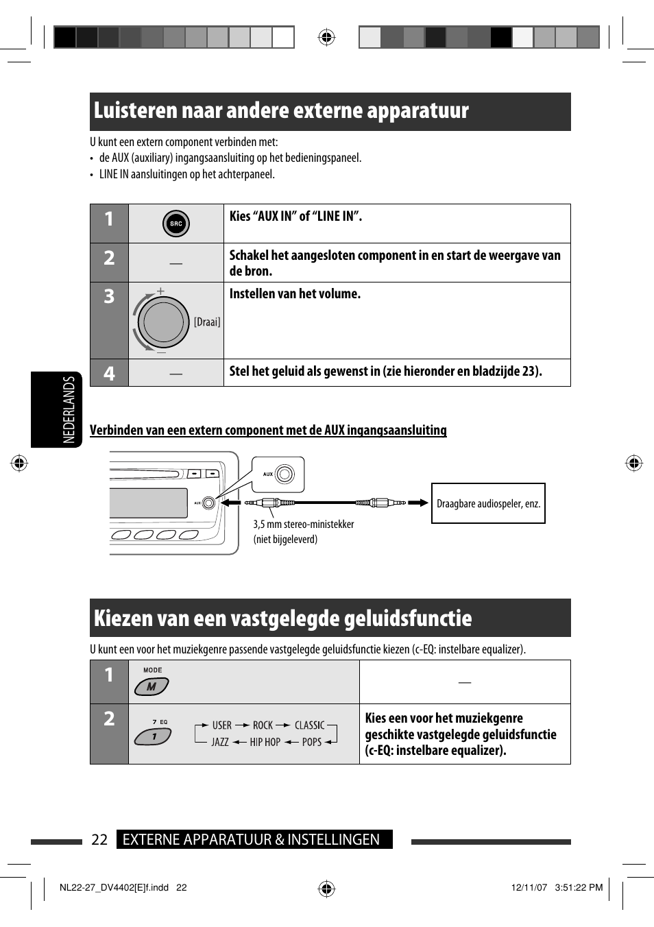 Luisteren naar andere externe apparatuur, Kiezen van een vastgelegde geluidsfunctie | JVC KD-DV4402 User Manual | Page 130 / 147